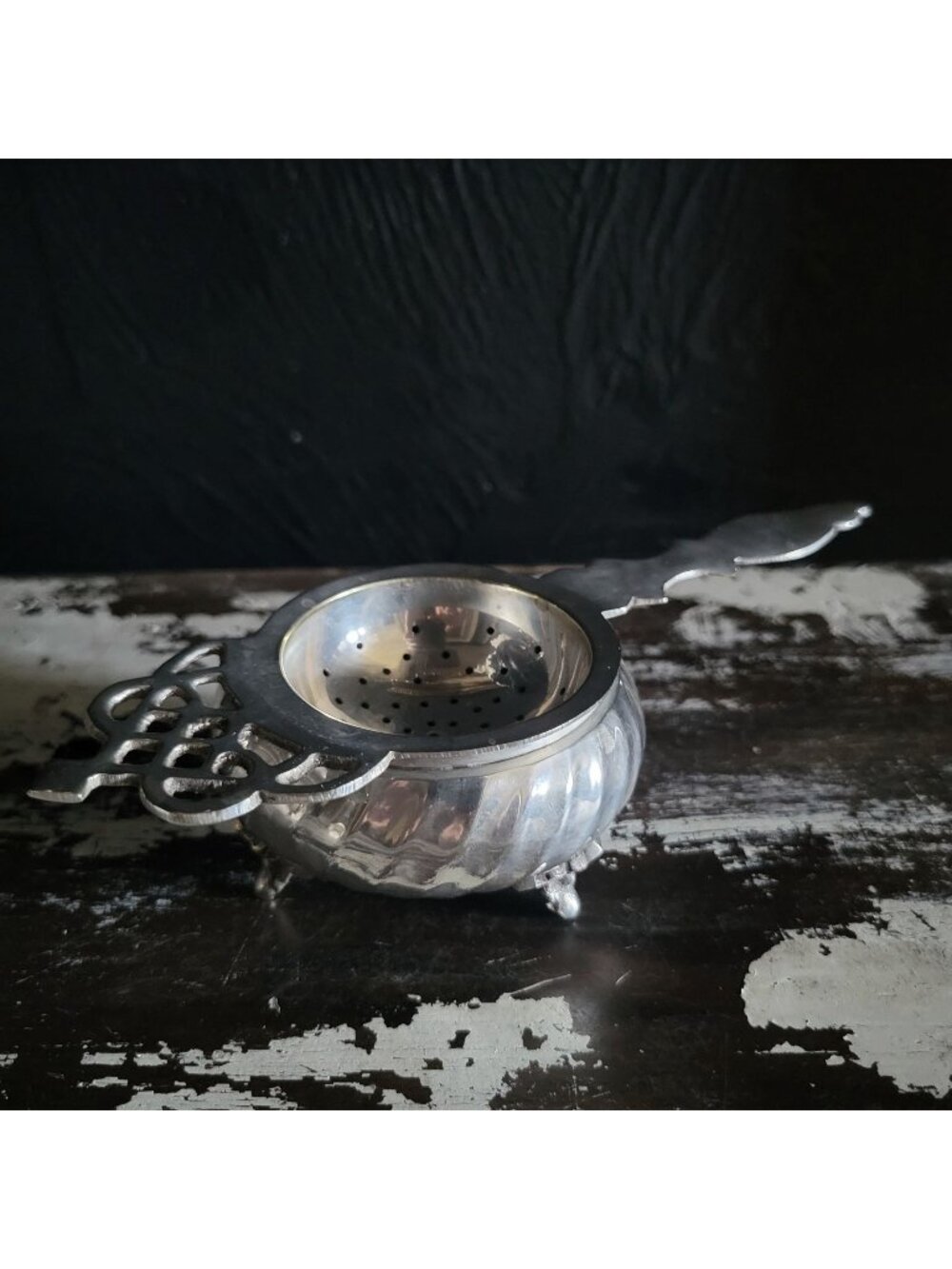 Vintage Silverplate Tea Strainer With Footed Drip Bowl Loose Leaf Tea Service